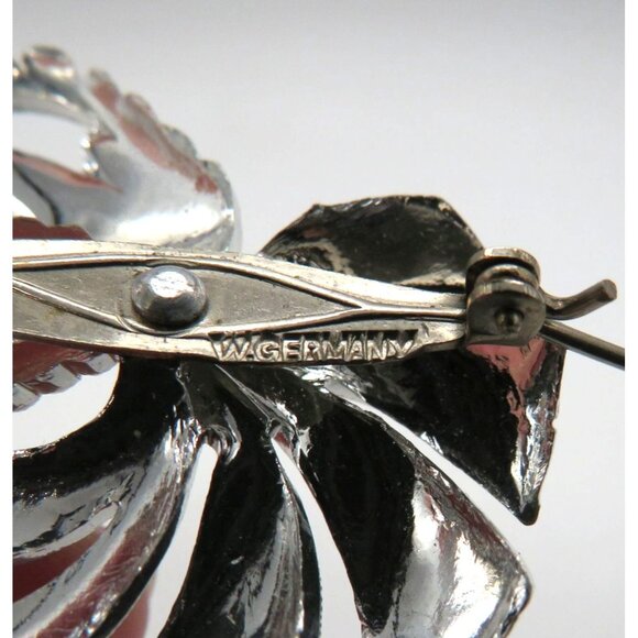 West Germany Flower Brooch Silver Tone Leaf Ribbon 1.5" Vintage Marcasite Look - Picture 10 of 11